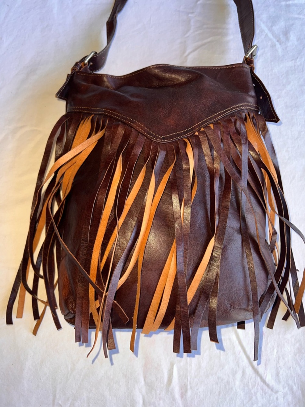 Fringed Brown Leather Shoulder Bag - Women